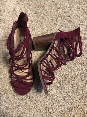 JustFab Burgundy Strappy Block Heel Sandals